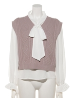 7G CO/ACケーブルニットベスト＆ボウタイブラウスSET/ラベンダー