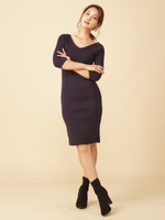 Vネックタイトニット7分袖ワンピース/ネイビー