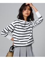 [L]【洗える】バックスリットガーターコットン混ニット/ホワイトボーダー(302)