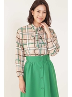 [ドラマ　桜井ユキさん着用]◆［ウォッシャブル］チェックボウタイブラウス/グリーン(140)