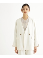 [洗える]ノーカラーダブルジャケット/ホワイト(003)