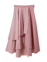 【スカート】ギンガム×ストライプシャツ地スカート/ローズピンク