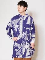 【チャイハネ】麻混バードプリントバンドカラーMEN'Sシャツ/ブルー