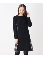 【大きいサイズあり・13号・15号】チェック切り替えタートルネックニットワンピース/ブラック(519)