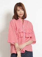 １２０／２ギンガムチェックフリルブラウス/レッド