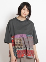 アフリカンパッチワークプリント×ピグメント加工天竺ポケットカットソー/チャコール