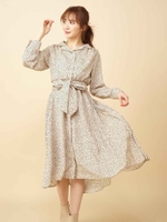 ウエストシャーリング長袖シャツワンピース/ベージュ系