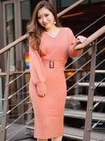 ウエストタックニットワンピース/オレンジピンク