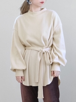 ウエストリボンハイネックワッフル起毛チュニック/ライトベージュ