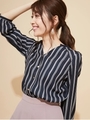 オリジナルラメストライプ釦付シャツブラウス/ネイビー