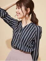 オリジナルラメストライプ釦付シャツブラウス/ネイビー