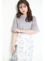 シャーリング5分袖ブラウス/ライトブルー