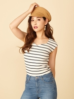 ハートネックフレンチスリーブトップス/ボーダー