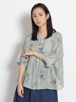 ハンカチーフローン　サニーローズブーケプリントボリュームブラウス/ライトグリーン