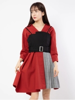ビスチェ付きブロッキングチェック切替ワンピース/レンガ