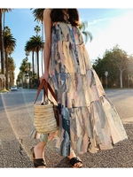 ペイント柄ティアードロングワンピース/ブルー