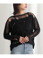 ボートネック透かしボーダーデザインニットトップス/ブラック(027)