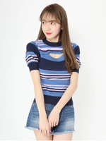 マルチボーダーフロントスリットニット/ブルー