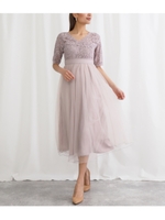 レース×チュールフレアロングワンピース/ピンク(008)