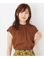 レーヨン麻フリルネックブラウス/ブラウン(042)