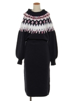 求心柄タイトニットワンピース/紺