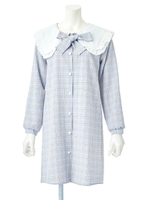 襟付きガーリーチェックワンピース/サックス