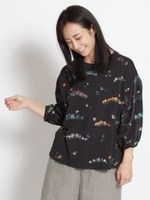 天竺×ローン　フラワークラウンプリント刺しゅうカットソー/ブラック