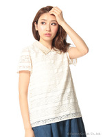 カラー付ボーダーレースブラウス