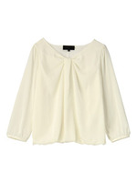 [L]リボン風デザイン七分袖サテンブラウス/オフホワイト(003)