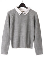 【1stline】ビジュー衿付きフェイクレイヤードニットトップスCL−0593/NVY