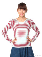 ショルダービジューボーダーニットトップス/レッド