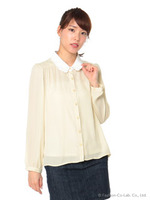 ジョーゼット衿ししゅう長袖BL/シロークロ