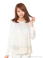 ストライプレース×天竺ブラウス/杢グレー