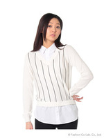 ストライプ柄ニット×布帛/ホワイト