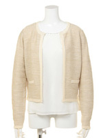 ビジューブラウス×配色ニットカーディガン/ピンク