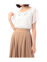 ビジュー使いレイヤードシフォンカットソー/ホワイト(003)