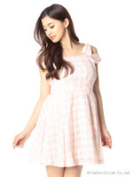 肩リボンオフショルチェックOP/サックス