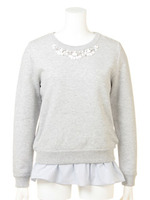 裾ストライプ裏毛風プルオーバー/ライトグレー