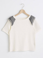 二重肩フリルリブプルオーバー/ブラック柄