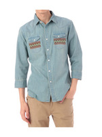 刺しゅう入り7分袖ダンガリーシャツ/ブルー系(091)