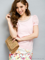 袖シフォンパールビジュープルオーバー/ピンク