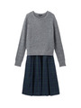 [S]ニット+チェック切り替えワンピース/ブラック(519)