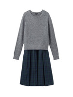 [S]ニット+チェック切り替えワンピース/ブラック(519)