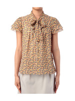 ボウタイ付きボタニカル柄ブラウス/オレンジ系(162)