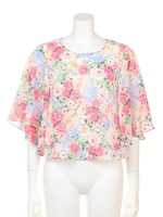 花柄フレア袖ブラウス/レッド