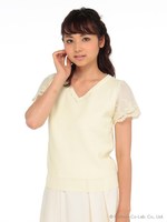 Ｖ地柄レースひら袖ニット　2/ブルー