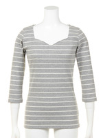 ハートネックリブボーダー7分袖Tシャツ/イエロー