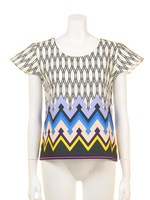 パネル幾何学柄半袖フリルブラウス/ホワイト