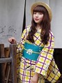 京都きもの町オリジナル綿浴衣「夏色美人」No.18サフラン×パープル 格子ツバメ/サフラン