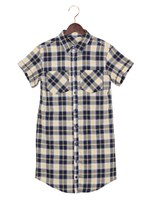 チェック柄ロング/半袖SH/コン／アカ